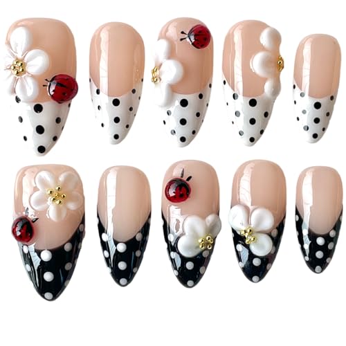Handmade Press On Nails 3D Floral & Ladybug Design - Medium Almond Black & White Polka Dot with Nude Base Thick Acrylic False Nails Ladybird (L)