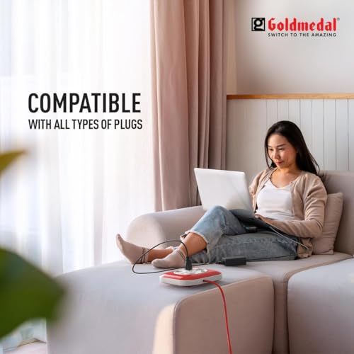 Image of Goldmedal Infino 2 Pin Extension Cord(White and Red) Pack of 1,Master Switch with Indicator,Heavy-Duty 5-Meter Cable,International Sockets & 2-Pin Socket