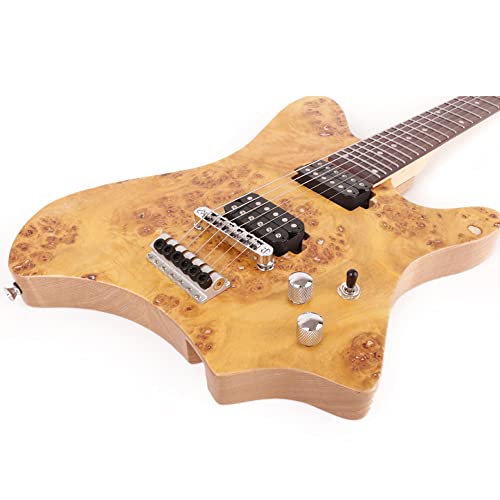 Fojill Full Scale Length Travel Portable Electric Guitars Mini Burled Maple Headless Electric