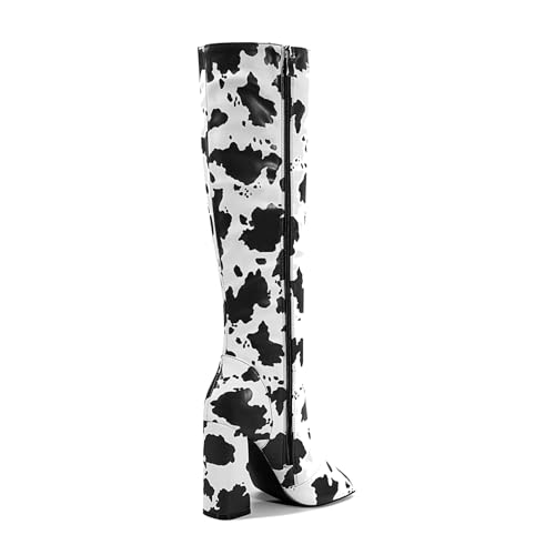 2025 Cow print Silver glitter knee high boots for women High heeled Peep toe side zipper big size Chunky heel boots3