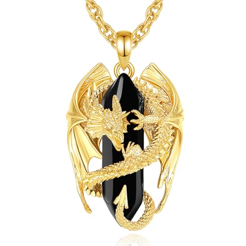 INFUSEU Dragon Pendant Necklace for Men Obsidian Jewelry women Black Crystal Gold Plated Spiritual Protection Gifts Big Birthday Gothic Goth Punk Stuff Cool Personalized Present