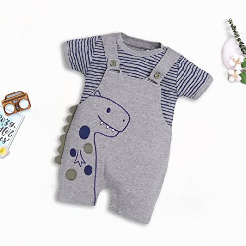 Image of BABY GO Cotton Dungaree Style Short Sleeve Romper for Baby Boys | Cute Striped Jumpsuit with Snap Buttons | Newborn Summer Bodysuit