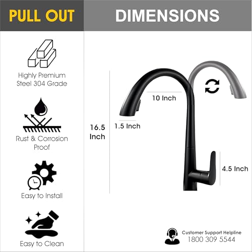Image of BANZER Kitchen Faucet Pull Out Kitchen Tap Single Hole 360 Rotatable Degree Kitchen Shower Faucet Black for Hot & Cold Water