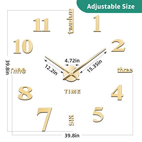 Vreaone Frameless Diy Wall Clock,Large Modern 3D Mirror Wall Clock Decor Sticker Diy Clock Kit For Home Living Room Bedroom Office Wall Decorations(Gold) #TOP2