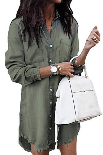 Hotmiss Women Denim Shirt Dresses Long Sleeve Distressed Jean Button Down Casual Tunic Top (Green, Large)