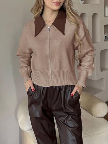 Saodimallsu Womens Zip Up Barn Jacket Cropped Faux Leather Collared Open Front Long Sleeve Fall Cardigan Sweaters4