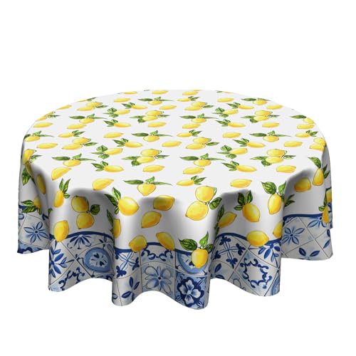 Granbey White Yellow Lemon Tablecloth Round - Lemon Table Cloth 60 Inch Italian Summer Decor for Birthday Party Wedding Picnic Dinner