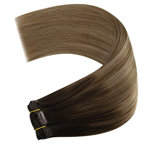 Image of YoungSee 135g Clip in Hair Extensions Brown Human Hair Clip in Extensions Dark Brown Mix Light and Ash Brown Real Human Hair Extension Clip ins for Women 16inch