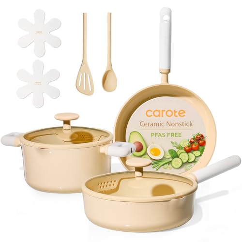 Image of CAROTE Pots and Pans Set Nonstick, Ceramic Cookware Set, Yellow Cooking Set Kitchen Induction Set with Steamer, PFAS PTFE Free,9 Piece