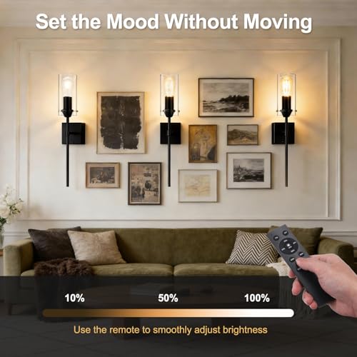 Image of Battery Operated Wall Sconce Glass Wireless Sconce Set of 2 Black | Wall Sconces Rechargeable with Remote Control Dimmable Wall Light for Bedroom Living Room Hallway Entryway, 3000-6500K