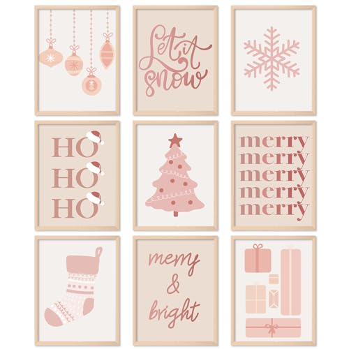Whaline 9Pcs Christmas Boho Wall Art Prints Xmas Tree Snowflake Paper Art Posters Pink Decorative Aesthetic Wall Decor for Home Gallery Party Decor, 8 x 10 Inch (Unframed)