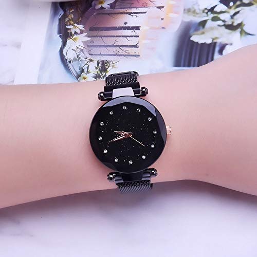 G-RF Malla señoras del Reloj del imán de la Hebilla del Diamante Estrellado geométricas Cuarzo Reloj de Pulsera Reloj de Pulsera (Oro Rosa) (Color : Black)