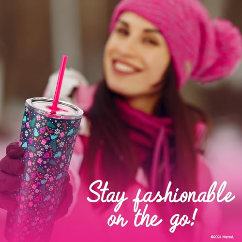 Dragon Glassware x Barbie 24 oz Insulated Stainless Steel Tumbler with Lid and 2 Straws - Festive Holiday Travel Coffee Tumbler Cup to Keep Drinks Hot or Cold, Fits Cup Holders - Christmas Theme