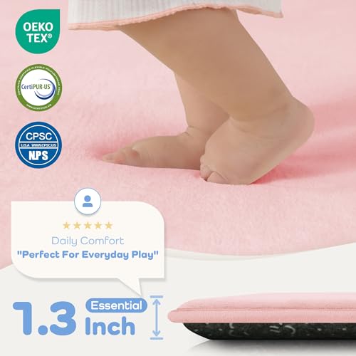 Image of 1.3 inch Thick Baby Floor Play Mat 71x79, Basic Padded Foam Mat for Tummy Time Crawling, Non Slip Cushioned for Babies Toddlers Infants Kids (Pink)