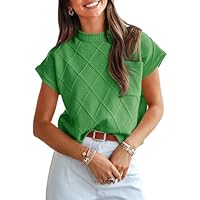 Saodimallsu Womens Mock Neck Cap Sleeve Tops Summer Lightweight Loose Knit Casual Textured Pullover Sweaters Shirt Green