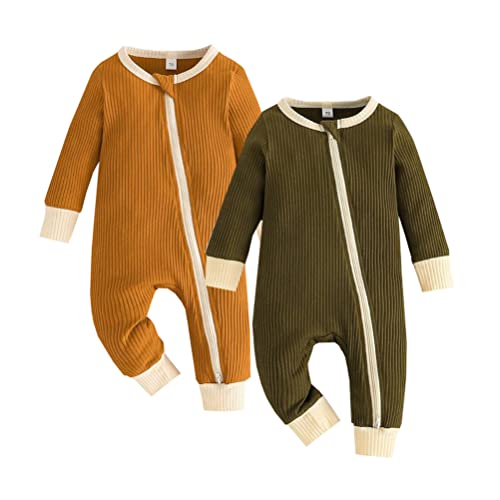 Image of Bafeicao Unisex Baby Boy Girl 2/3 Pack Rompers Long Sleeve 2 Way Zipper One Piece Jumpsuits Clothes Sets