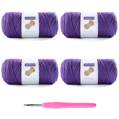 Image of 4 Pack Tshirt Yarn for Crocheting, Elastic T Shirt Spaghetti Thick Knitting Yarn Total Length 260 Yds for Crochet Bag Baskets Home Decor with 1 Crochet Hook (4-Purple)