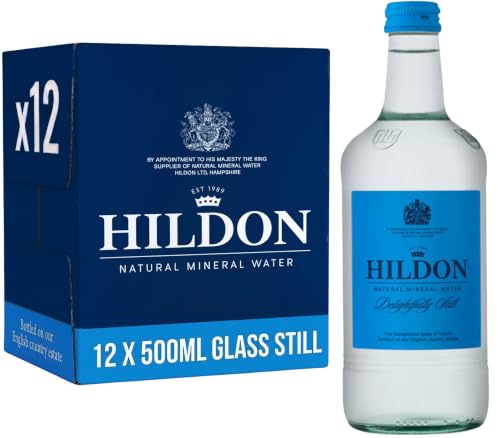 Image of Hildon Natural Mineral Water 12 x 500ml Glass bottles - Delightfully Still - Sourced from a natural aquifer nestled on our Chalk Valley estate - Low Sodium, Naturally Alkaline, Kings Royal Warrant