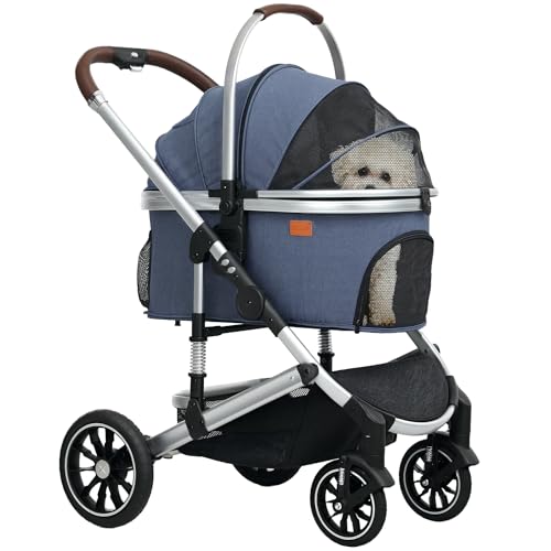PawHut Hundewagen 3 in 1 Hundebuggy klappbar für Hunde & Katzen bis 10 kg Katzenbuggy mit Kissen Netzfenstern Türen Aufbewahrungskorb Katzenwagen Buggy Dunkelblau