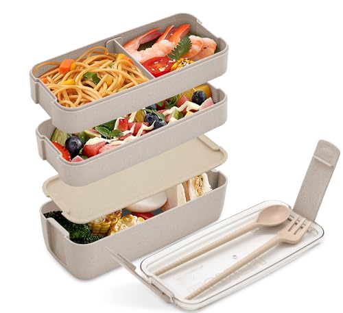KDBFHAL Bento Box Adult Lunch Box, Stackable 3-In-1 Compartment Bento Containers Kit with Spoon&Fork, Wheat Straw Meal Prep Containers Beige