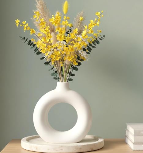 Image of BENAVJI Ceramic Vase for Home Decor Centerpiece for Living Room, Bedroom, Dining Table & Office (White Ring Vase, 6 Inch)