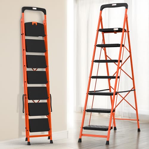 Image of BonKaso climb easy 7 Step Foldable Steel Kitchen Ladder for Home,Office & Outdoor Use with Safety Clutch Lock,Anti-Slip Wide Steps,Support Handle & Tool Tray, Load Capacity Upto 120kg (Orange & Black)
