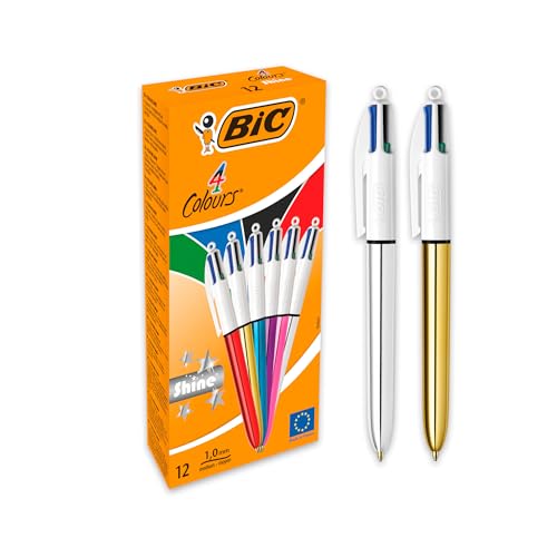 BIC 4 Colours Shine Retractable Ballpoint Pens, Medium Point (1.0 mm) - Assorted Metallic Barrels, Box of 12