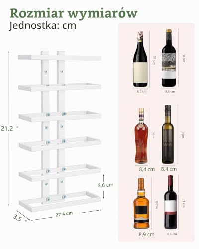 FAVOOSTY Wiszący Regał na Wino, Metalowy 6-Poziomowy do Piwnicy,wina, do jadalni, sypialni, piwnicy wino, biały