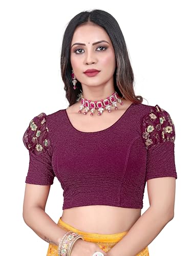 Image of Shreeji Designer Round Neck Cotton Lycra and Net Fabric Fully Stretchable Baloon Sleeve Designer Readymade Blouse for Women