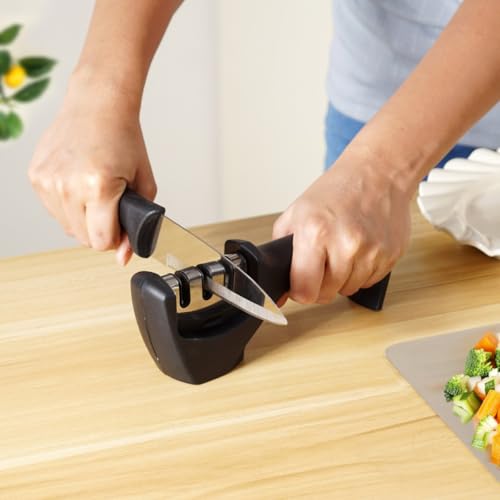 Image of Nestasia Knife Sharpener Tool for Kitchen, 3-Stage Stainless Steel Sharpener for Steel Knives with Ergonomic Handle & Non-Slip Base, Multi-Purpose Blade Sharpening Tool for Home Cooking