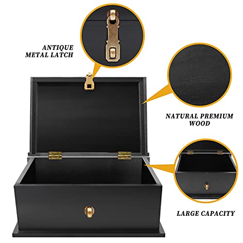 Prodigen Antique Style Wood Storage Box With Lid, Large Wooden Box With Hinged Lid, Keepsake Box With Metal Latch, Decorative Box For Home Or Office-Black #TOP1