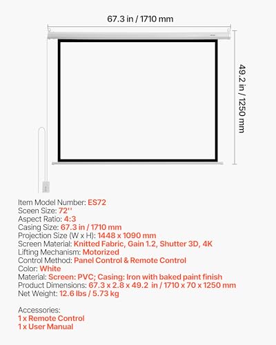 Miniatura 7 de Vevor Pantalla De Proyector Motorizada 1448 X 1090 Mm, 4:3, 1080 Hd, Pantalla De Proyección Eléctrica De Pared Con Control Remoto, Angular De 160 , Material De Pvc, Para Cine En Casa, Oficina
