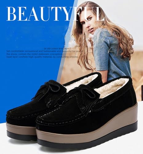 Image of Women's Tassel Suede Plush Wedge Shaped Sports Shoes Fashion Thick Sole Arched Casual Loafers Velvet Tassel Bow Wedge Casual Shoes