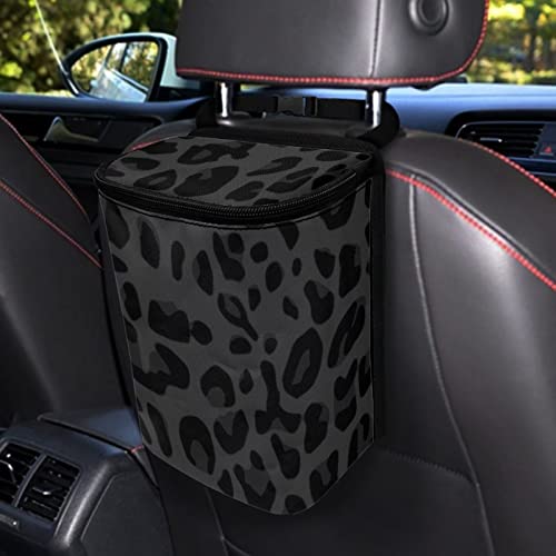 Image of Black Leopard Car Trash Can, Waterproof Car Garbage Can with Lid and Zip Clouse, Leak Proof Portable Car Trash Bag Hanging Vehicle Organizer