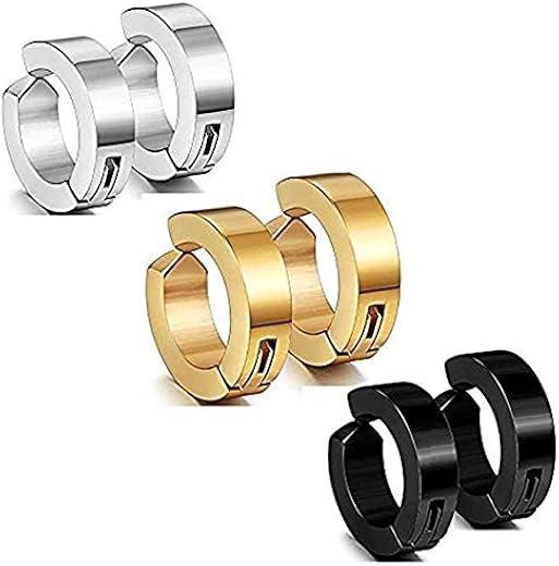 MIAMI Jewellery Black, Gold and Silver Metal Non-Piercing Stud Earrings for Men-Set of 6 Pieces