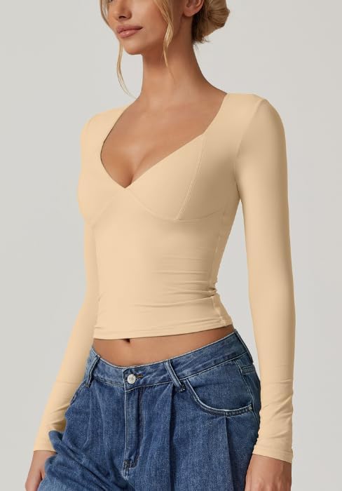 QINSEN Women's Long Sleeve V Neck T Shirts Double Lined Crop Top Seamed Cup Going Out Tops - Image 2