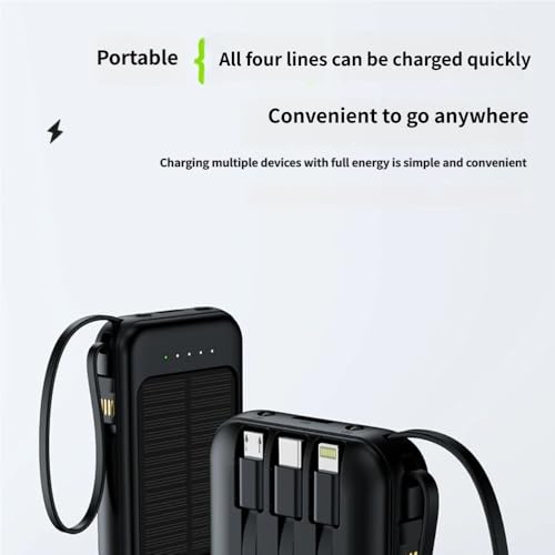 Batería externa solar 10000 mAh con cables USB C y Lightning cargador portátil negro 3