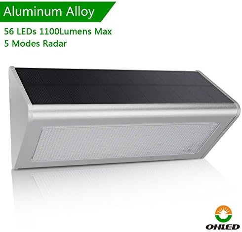 OHLED OH801 Solar Light Super Bright 56LED, 1100 Lumens Max , 5 Modes Switch, Aluminum Housing Wireless Waterproof Security Motion Sensor Outdoor Light (2018 Upgrade)