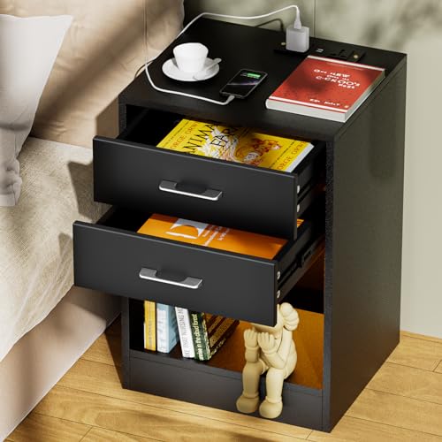Mesita de noche con enchufe y USB, mesita de noche con LED, color negro, brillante, 2 cajones con LED, iluminación en 16 colores, mesa auxiliar para salón, dormitorio, 40 x 35 x 60 cm, cómoda de noche