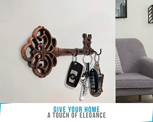 Comfify Decorative Wall Mounted Cast Iron Key Holder Rack- Vintage Key Shape Rack With 3 Hooks - Wall Mounted - Rustic Cast Iron Hanger- 10.8 X 4.7- With Screws And Anchors Copper With Black #TOP4