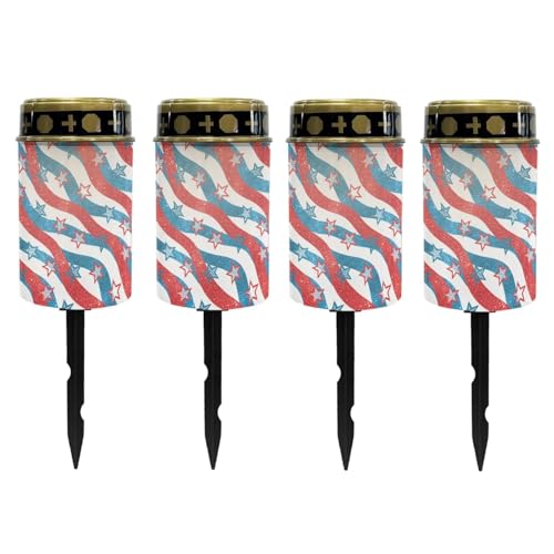 Image of Poceacles 4th of July Decor Stars and Stripes Outdoor Solar Lights Solar Grave Candle Outdoor 250th Independence Day Cemetery LED Candles for Cemetery Lawn Porch Outside Decoration, 4 Piece