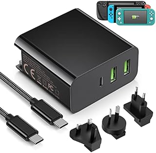 65W USB C Charger for Steam Deck,MENEEA Foldable Power Adapter 3 Port Fast Wall Charger & 6.6ft USB C Charging Cable Cord & US/UK/EU/AU Plug for Travel, Accessories for Steam Deck/Phone/Tablet/Laptop