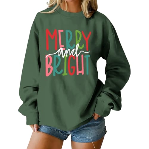Christmas Sweatshirt for Women Merry and Bright Christmas Pullover Top Loose Long Sleeve Shirts Fall Outfits Clothes