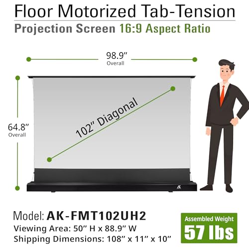 Image of Akia Screens 102 inch Motorized Floor Rising Projector Screen, Pull Up Tab-Tension CineWhite 4K 8K HDR Home Theater Movie Screen for UST Short Throw, Remote Control, AK-FMT102UH2-X