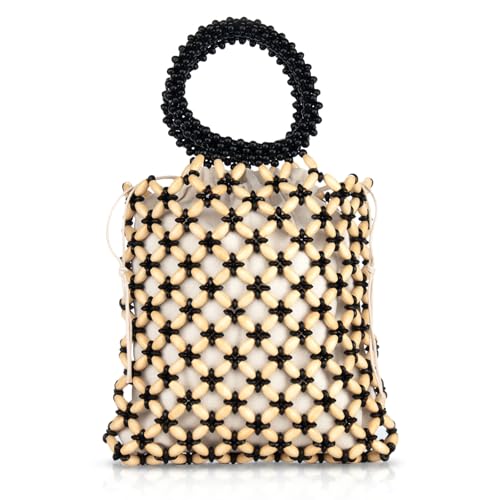 Image of YYW Unique Handmade Wooden Bead Tote Bag for Women, Small Handwoven Clutch Purses Woven Bucket Handbag and Drawstring Handbag