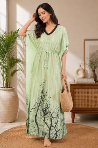 Image of Noty Women's Kaftan Nighty | Digital Print | Sarena Fabric | V Shaped Neck Nightwear | Nightdress for Girl