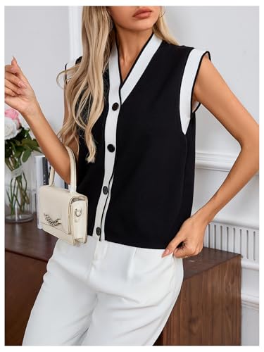 Image of MakeMeChic Women's Contrast Binding Sweater Vest V Neck Button Down Sleeveless Sweater Cardigan Knitwear Black and White X-Large