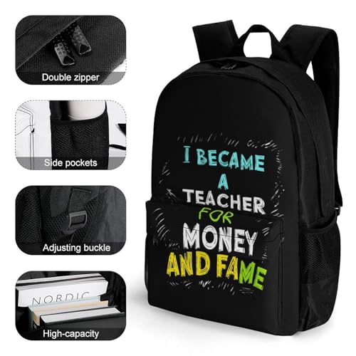 I Became A Teacher for Money and Fame Cute Backpack Travel Work Bag with Water Bottle Pocket Adjustable Padded Shoulder Straps Daypack 42x30.5cm3
