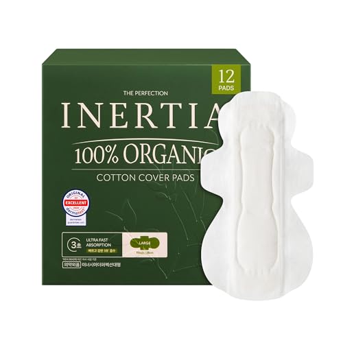 INERTIA The Perfection Green – 100% Organic Cotton Korean Pads with Wings, Breathable Bio-Film for Fast Absorption, Leak-Proof & Hypoallergenic Period Pads for Women (Heavy (12 Count))