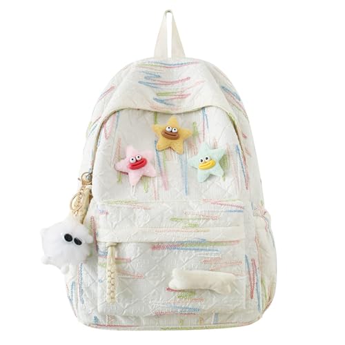 Cute Y2K Star Backpack for Girls Cartoon Star Brooch Backpack for Girl Teens Large Capacity Schoolbag Preppy Daypack (White)